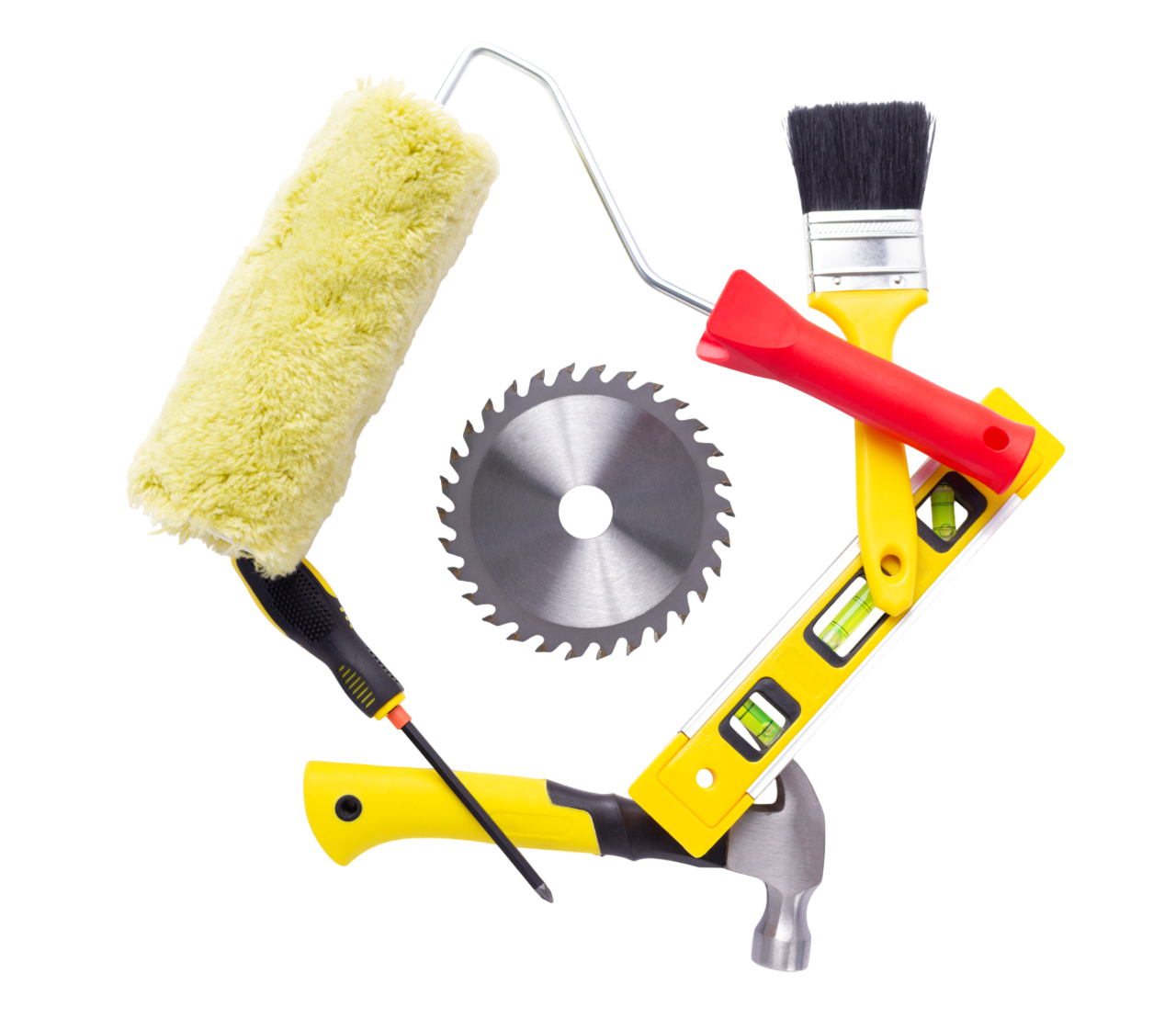 A collection of various construction tools, including a paint roller, a paintbrush, a circular saw blade, a level, and a hammer, arranged artistically against a black background.
