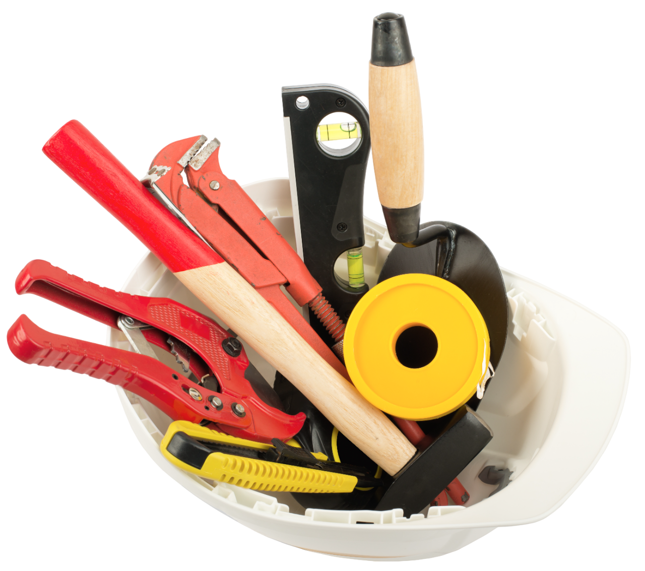 A bowl filled with various hand tools, including pliers, a wrench, a tape measure, and a level. The tools are arranged in a white bowl, creating a visually appealing composition.